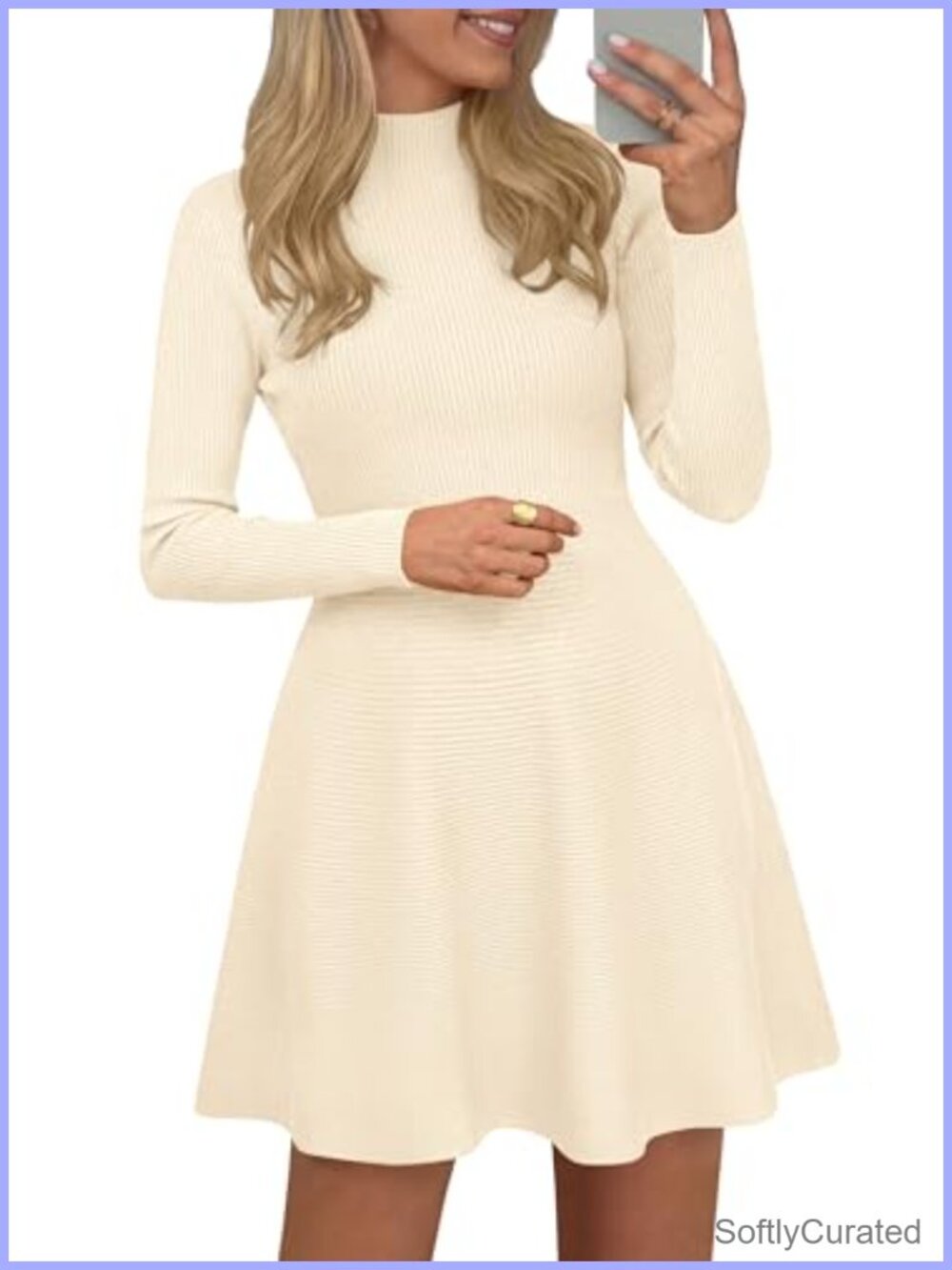 Women's Ribbed Knit A-Line Mock Neck Long Sleeve Mini Sweater Dress